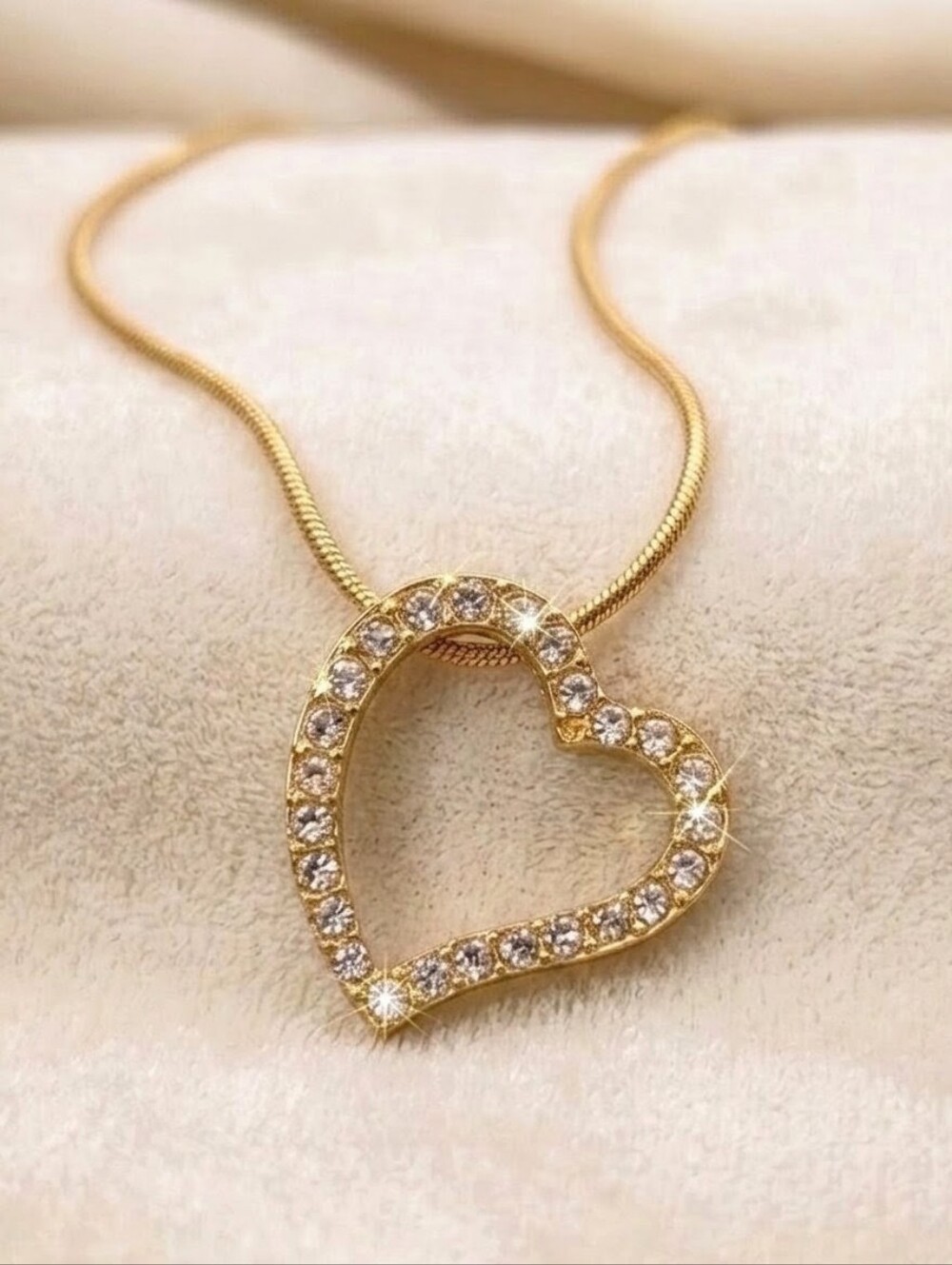 Y2K Vintage Swarovski Crystal Pavé Open Heart Snake Chain Pendant Necklace Gold
